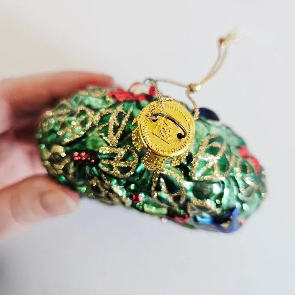 Vintage Brass Key Hand-Painted Glass Christmas Ornaments Bear Wreath Gift Stack